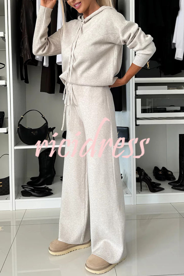 Solid Color Loose Hooded Tie Sweatshirt and Elastic Waist Casual Straight Pants Set