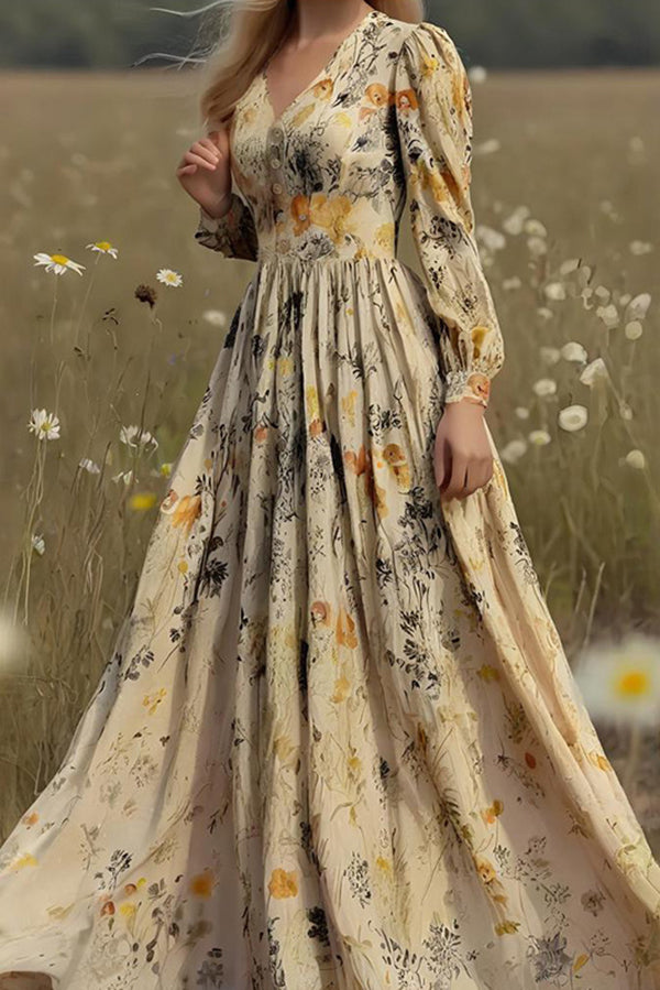 Floral Print Long-Sleeved Fitted Waist Casual Holiday Maxi Dress