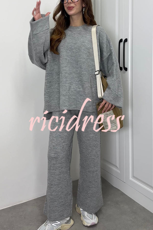 Solid Color Loose Long-sleeved Knit Top and Elastic Waist Casual Straight Leg Pants Set