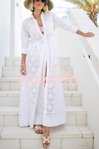 Summer Elegance Lace Eyelet Button Up Long Sleeve Shirt Maxi Dress