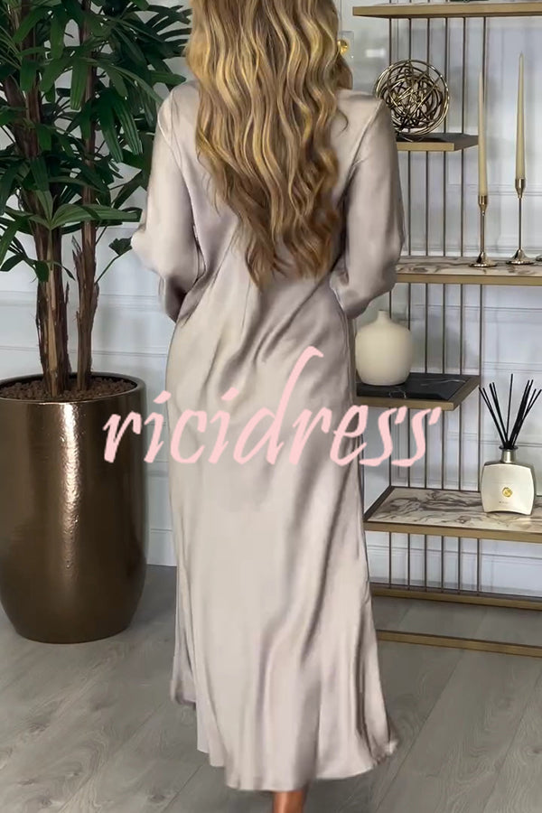 Solid Color V-neck Long-sleeved Loose Draped Maxi Dress