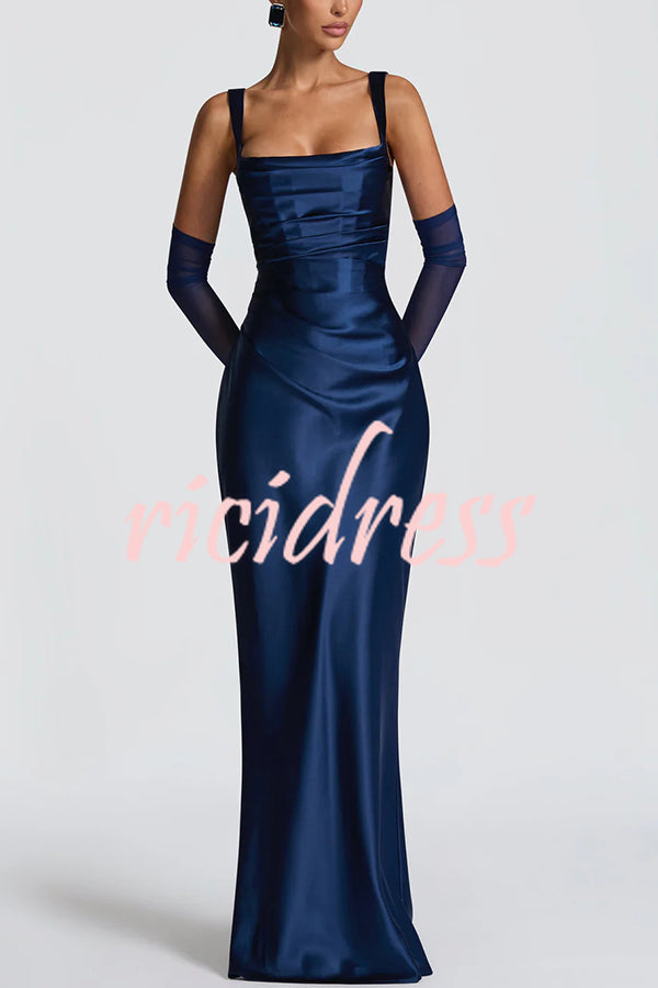 Calanthe Satin Square Neck Ruched Back Lace-up Drape Mesh Scarf Maxi Dress