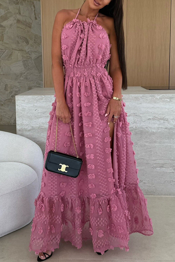 Gloria Embroidery Flowers Elastic Waist Halter Backless Slit Maxi Dress