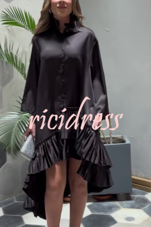 Solid Color Palace Style Loose Irregular Pleated Hem Mini Dress