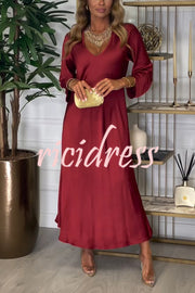 Solid Color V-neck Long-sleeved Loose Draped Maxi Dress