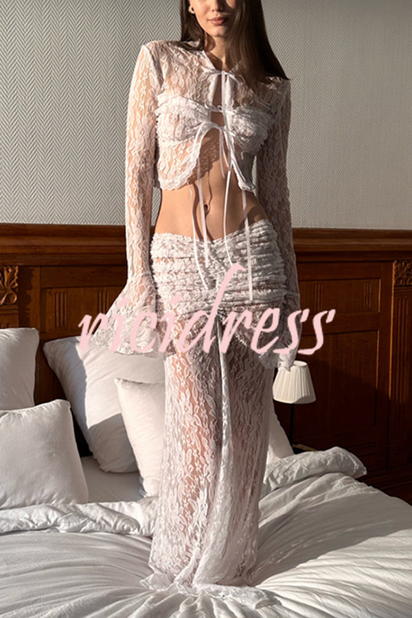 Sexy Lace Long-sleeve Lace-up Top and Pleated Sheer Maxi Skirt Set