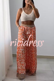 Unique Print Elastic High Waist Tie Pocket Wide Leg Pants