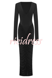 Sexy See-through Long-sleeved V-neck Pleated Slim-fit Maxi Dress