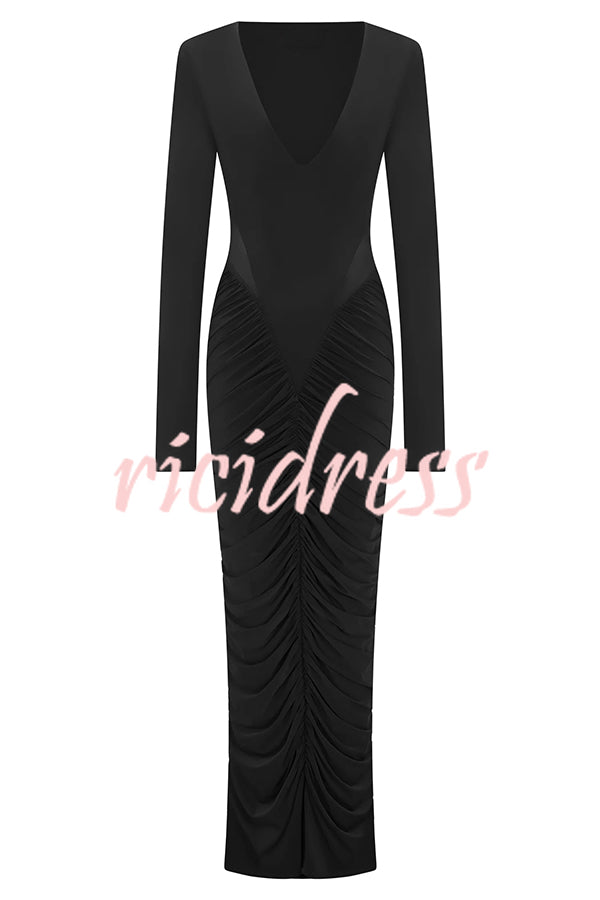 Sexy See-through Long-sleeved V-neck Pleated Slim-fit Maxi Dress