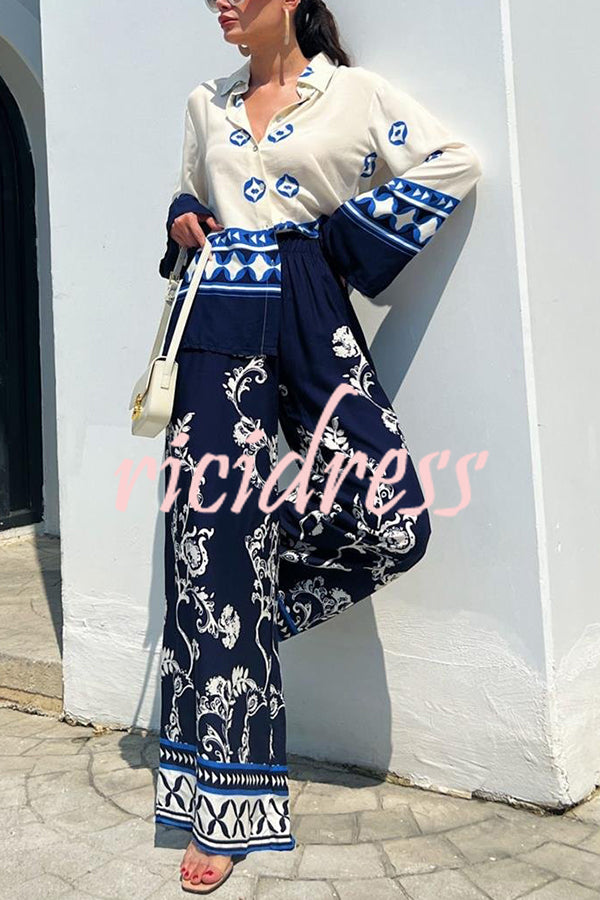 Unique Printed Lapel Long-sleeved Loose Top and Elastic Waist Casual Wide-leg Pants Set