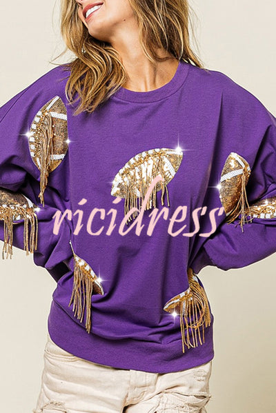 Rugby Sequined Patchwork Fringed Crew Neck Sweatshirt
