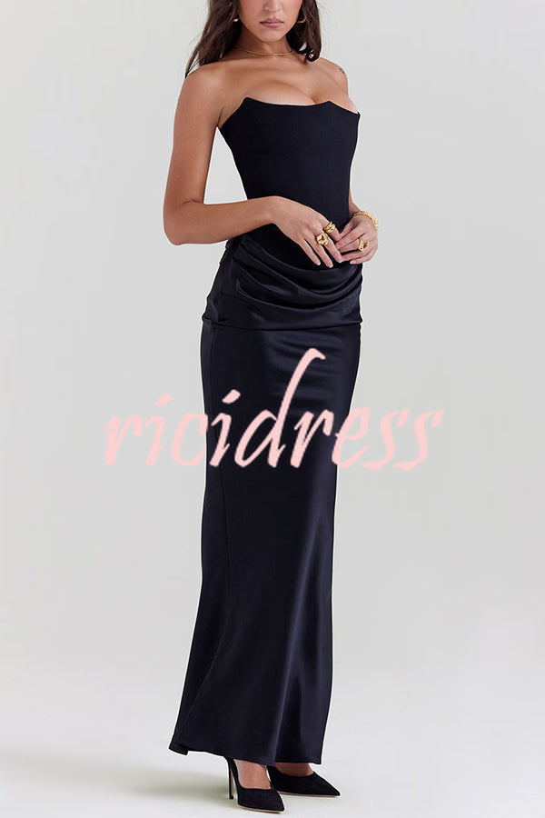 Attend The Gala Strapless Corset Satin Ruched Hip Drape Maxi Dress