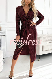 Coralia Sequin V-neck Long Sleeve Twist Waist Front Slit Midi Dress