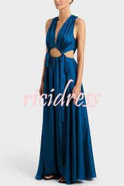 Midnight Charm Satin Ruched Cutout Tie-up Maxi Dress