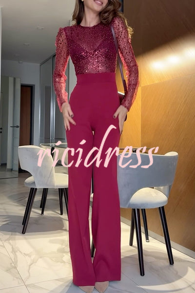 Seleia Tulle Sequin Patchwork Long Sleeve Wide Leg Stretch Jumpsuit