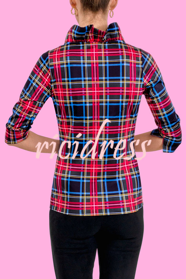 Duke of York Holiday Plaid Ruffle Stand Neck Half Sleeve Blouse