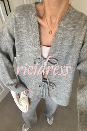 Solid Color V-neck Tie Long-sleeved Loose Knit Cardigan and Elastic Waist Casual Straight Leg Pants Set