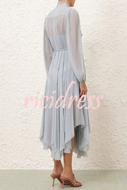 Elegant and Graceful Tie-up Neck Long Balloon Sleeve Handkerchief Midi Dress
