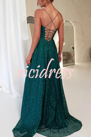 Cinderella Glitter Tulle Fabric Cowl Neck Back Lace-up Pocketed Slit Maxi Dress