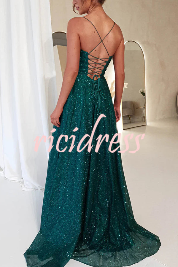 Cinderella Glitter Tulle Fabric Cowl Neck Back Lace-up Pocketed Slit Maxi Dress