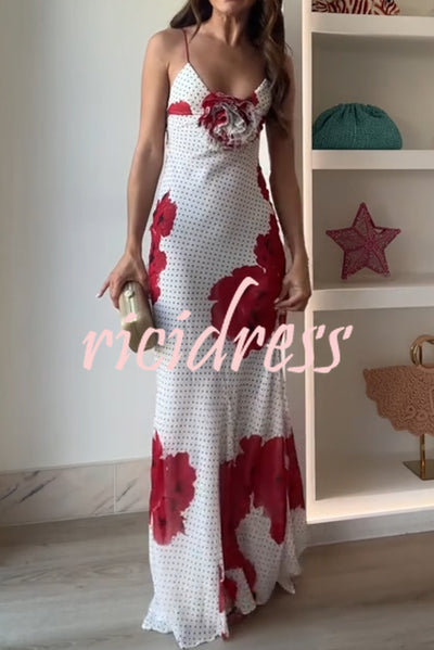 Vanna Poka Dot Floral Print 3D Flower Detail Slip Maxi Dress