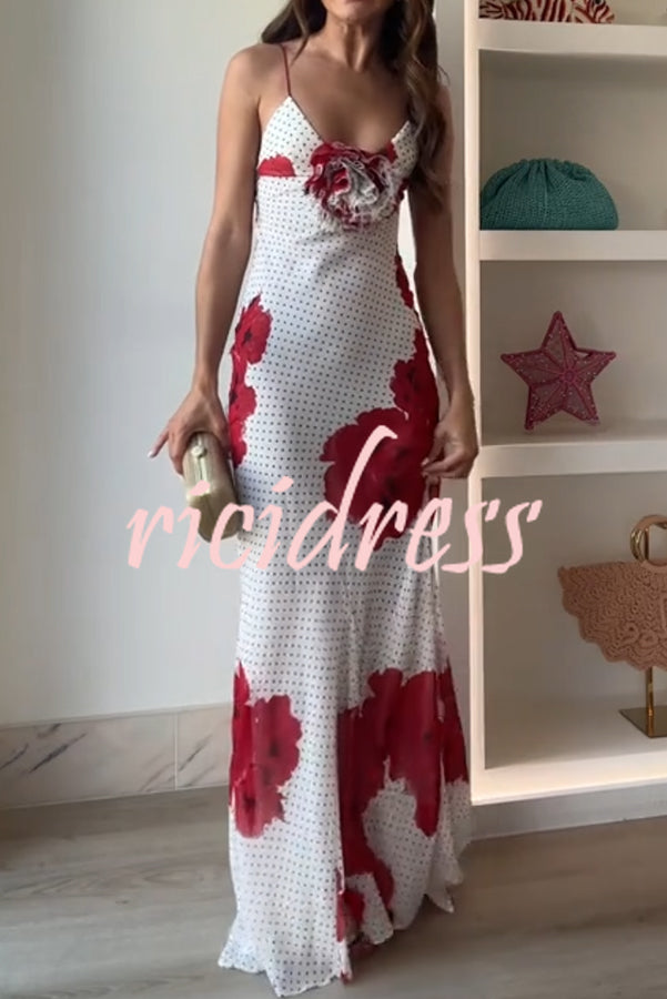 Vanna Poka Dot Floral Print 3D Flower Detail Slip Maxi Dress