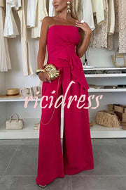 Elegant Solid Color Asymmetric Ruffles Bandeau Top and High Waist Wide Leg Pants Set