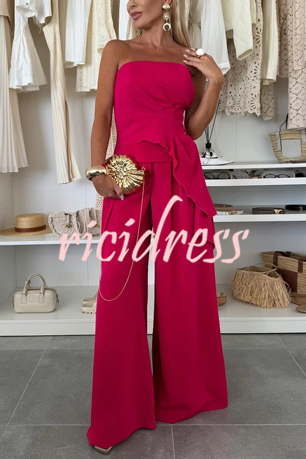 Elegant Solid Color Asymmetric Ruffles Bandeau Top and High Waist Wide Leg Pants Set