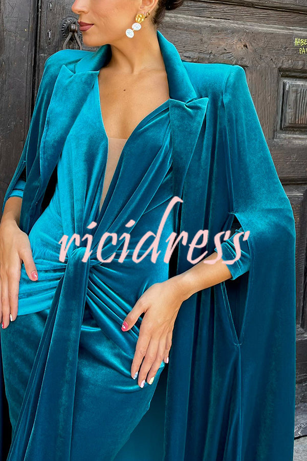 Olivienne Luxurious Velvet Padded Shoulders Slit Sleeve Lapel Midi Cape