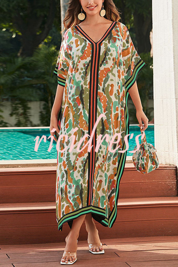 Unique Tie-dye Print V-neck Loose Holiday Cover-up Maxi Dress