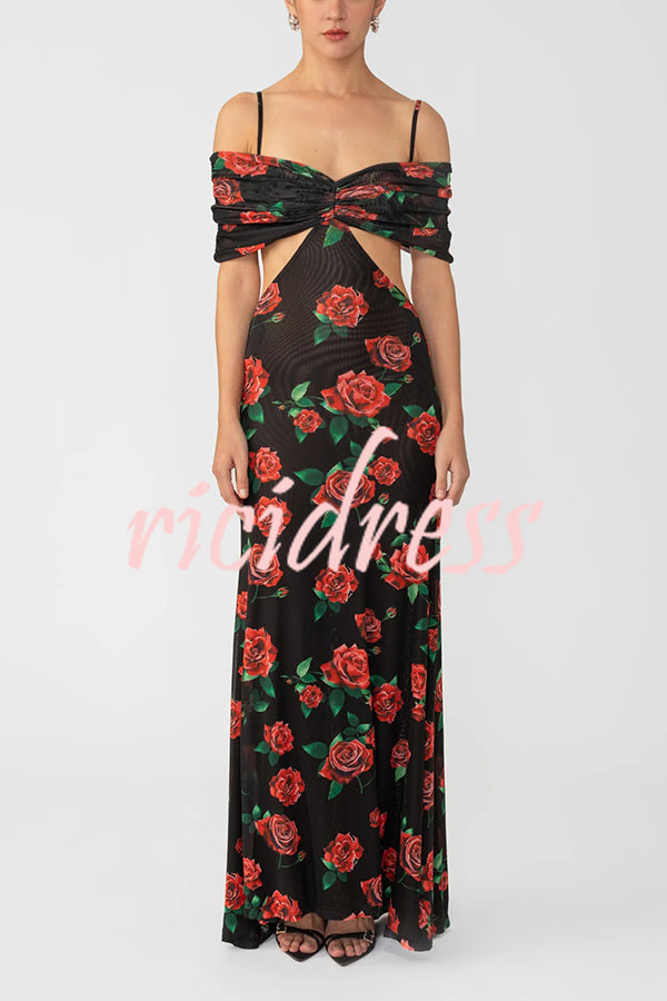 Rose Print Sexy Strapless Backless Slim Maxi Dress