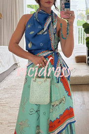 Surrealist Summer Satin Unique Print Tie-up Details Layered Hem Scarf Maxi Dress