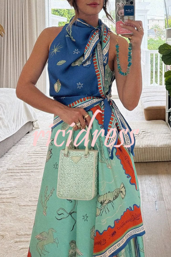 Surrealist Summer Satin Unique Print Tie-up Details Layered Hem Scarf Maxi Dress