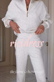 Ivory Marl Fleck Half-Zip Neck Long Sleeve Sweatshirt and Elastic Waist Pocket Jogger Set