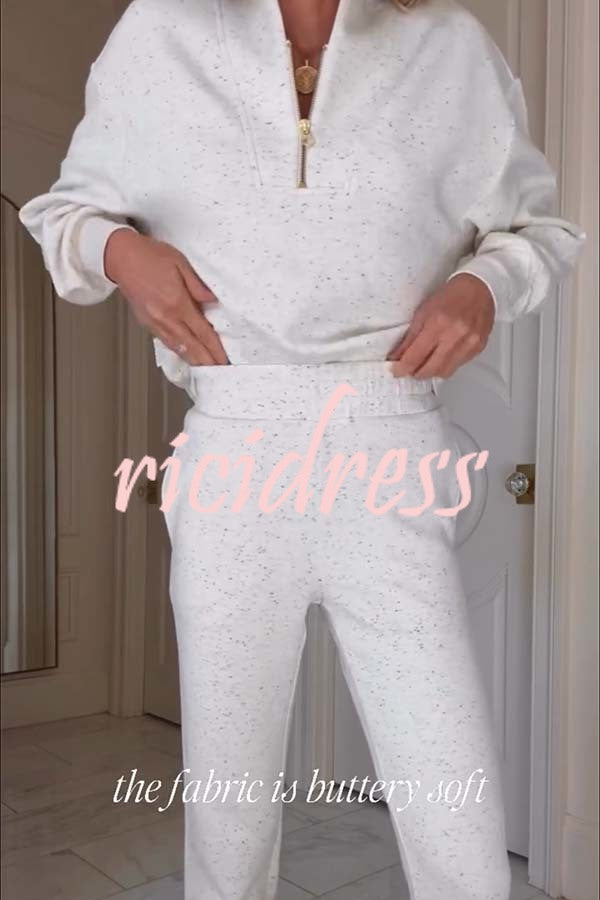 Ivory Marl Fleck Half-Zip Neck Long Sleeve Sweatshirt and Elastic Waist Pocket Jogger Set