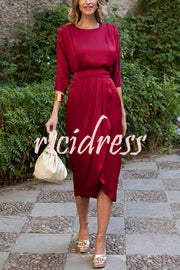 Satin Solid Color Round Neck Half Sleeve Waist Midi Dress