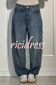 Fashionable Rhinestone Mid-rise Loose Pocket Straight Jeans