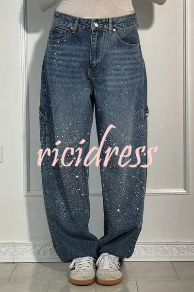 Fashionable Rhinestone Mid-rise Loose Pocket Straight Jeans