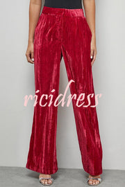 Solid Color Velvet Long-sleeved Waist Tie Top and Elastic Waist Casual Pocket Straight-leg Pants Set