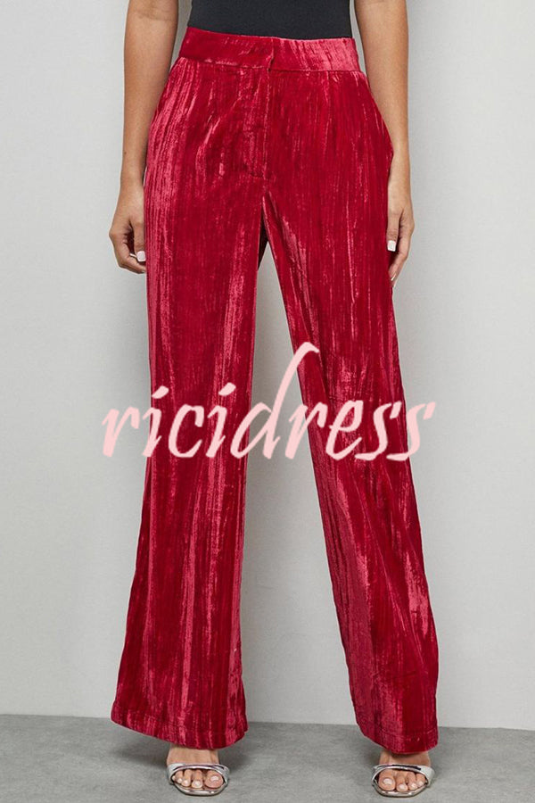 Solid Color Velvet Long-sleeved Waist Tie Top and Elastic Waist Casual Pocket Straight-leg Pants Set