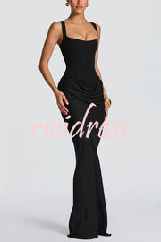 Larrah Square Neck Back Lace-up Satin Drape Hem Maxi Dress