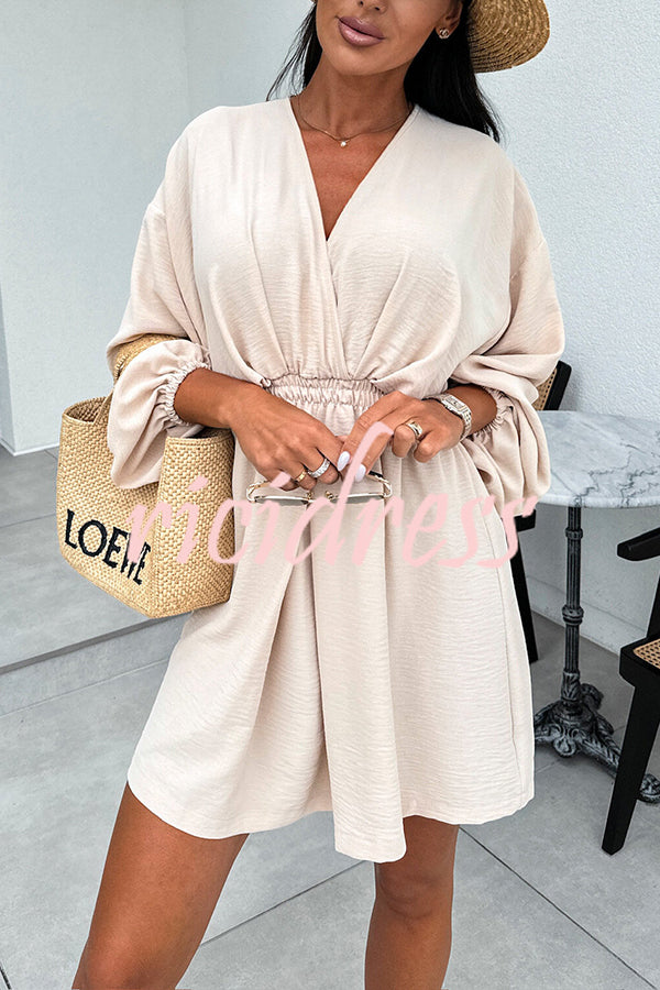 Solid Color Long Sleeve V-neck Elastic Waist Mini Dress