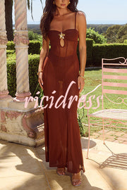 Espresso Sexy Mesh Floral Hardware Slip Stretch Maxi Dress