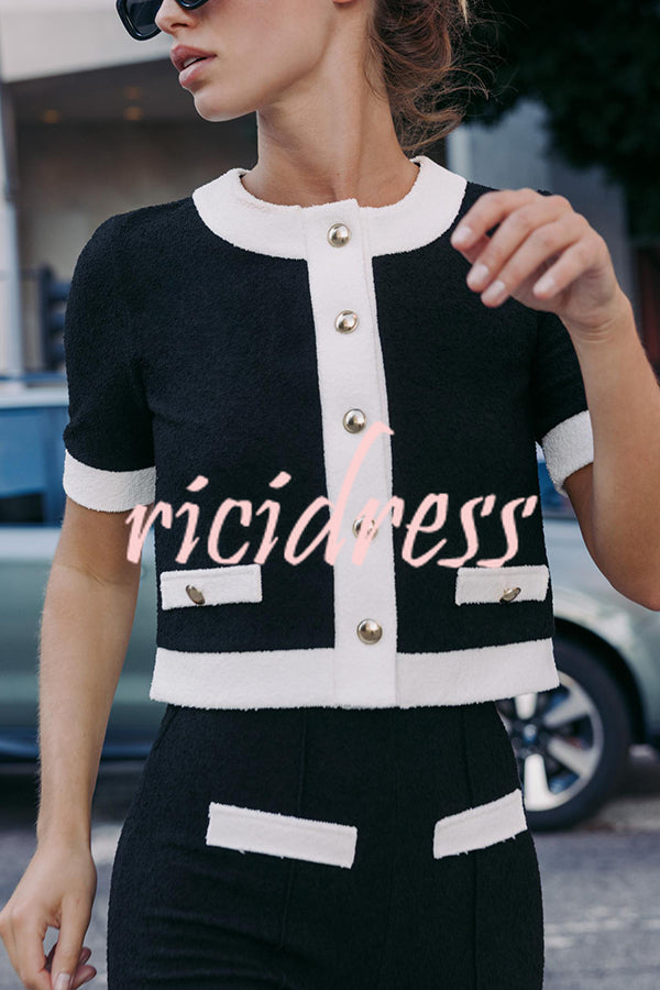 Fashionable Contrast Color Short-sleeved Button-down Top