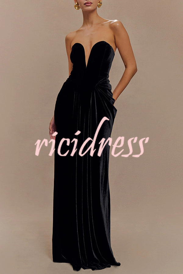Paige Velvet Off Shoulder Side Pleated Hip Drape Maxi Dress