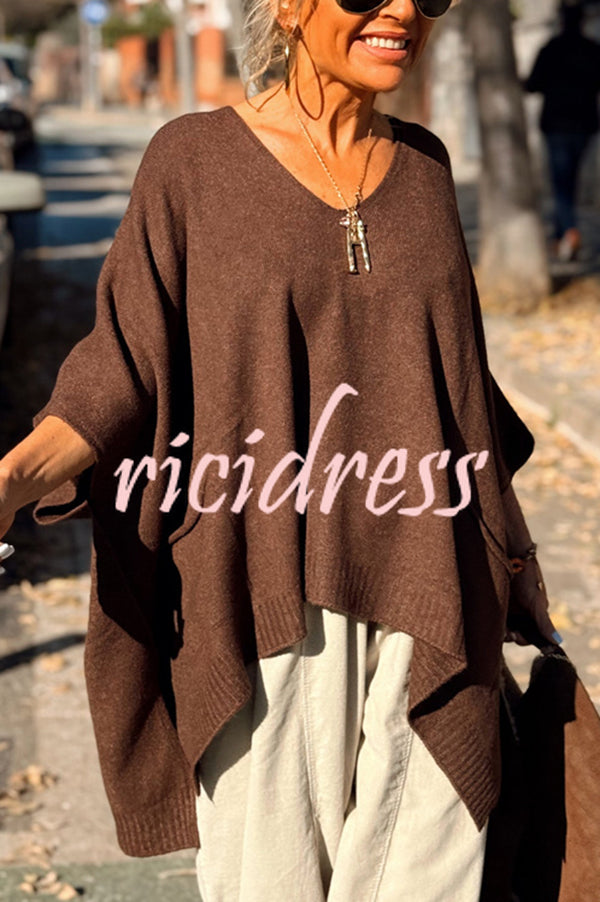 Fashion V-neck Loose Pocket Mid-length Knitted Sweater