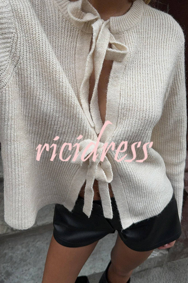 Solid Color Loose Long Sleeve Lace-up Knitted Cardigan