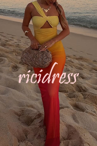 Dreamy Sunset Mesh Ombre Print One Shoulder Cutout Stretch Maxi Dress