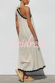 Linen Blend One Shoulder Tie Resort Maxi Dress