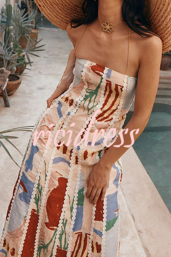 Kelia Ric Rac Trims Unique Print Strapless Pocket Flared Maxi Dress
